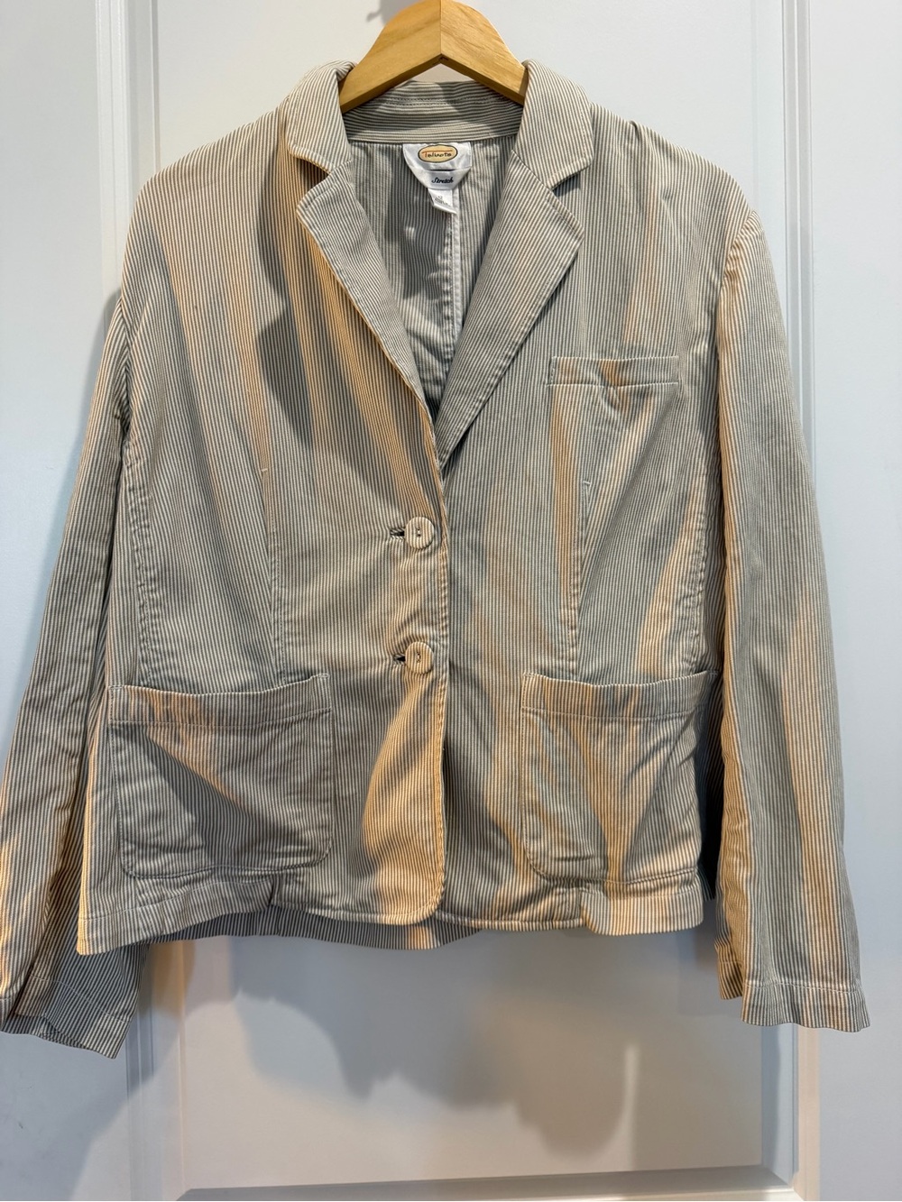 Talbots Stretch Pinstripe Blazerβ Jacket Tan White Cotton Women's 12 Two Button